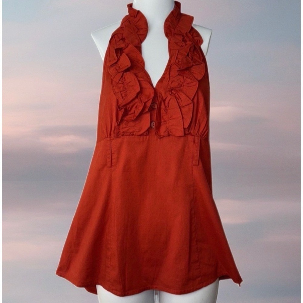HeartSoul Halter Top Women Large Red Ruffle Neck Cotton Spandex Chic Blouse Boho - Picture 12 of 14